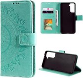 Voor Samsung Galaxy S21 5G Totem Bloem Reliëf Horizontale Flip TPU + PU Leren Case met Houder & Kaartsleuven & Portemonnee (Groen)