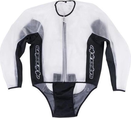Witte Alpinestars regenjas met zwarte accenten en "alpinestars" logo op de mouwen. Rits aan de voorkant.