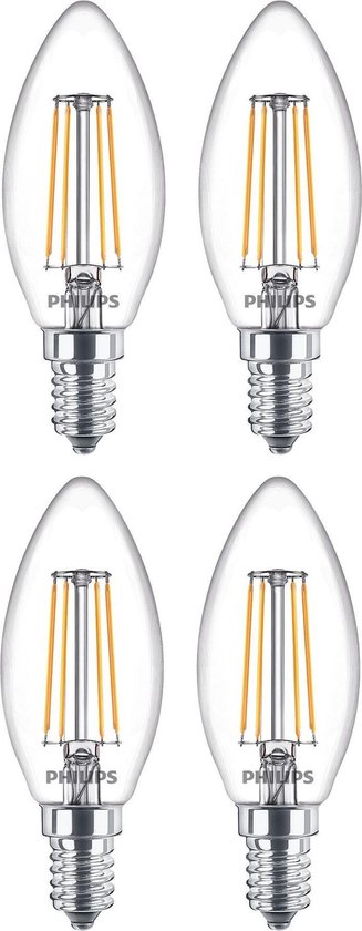 4 stuks Philips led kaarslamp E14 4.3W 470lm 2700K helder Niet dimbaar