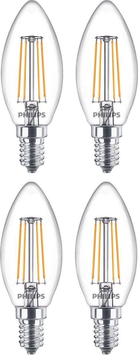 4 stuks | | | Philips LED kaarslamp 4.3W 470lm 2700K helder | Niet Dimbaar | 4.3 watt | 470 lumen | Extra Warm Wit | 230V | 15.000 Branduren | 470 | 470 | E14 | 15.000 Branduren