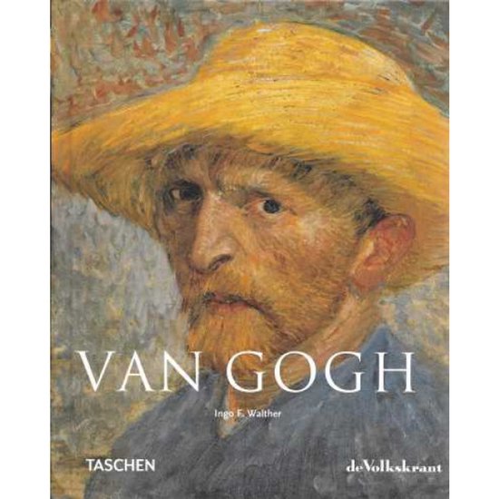 Boekomslag van Van Gogh met een schilderij van hemzelf met strooien hoed.