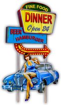 HAES deco - Retro Metalen Muurdecoratie - Fine Food Dinner Pin Up Girl - Route 66 - Western Deco Vintage-Decoratie - 49 x 83 x 3,5 cm - WD144