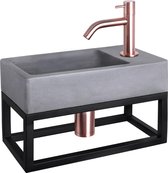 Ensemble lave-mains Differnz Force - Béton gris foncé - Robinet coudé cuivre rouge - Avec porte-serviettes - 40 x 22 x 9 cm