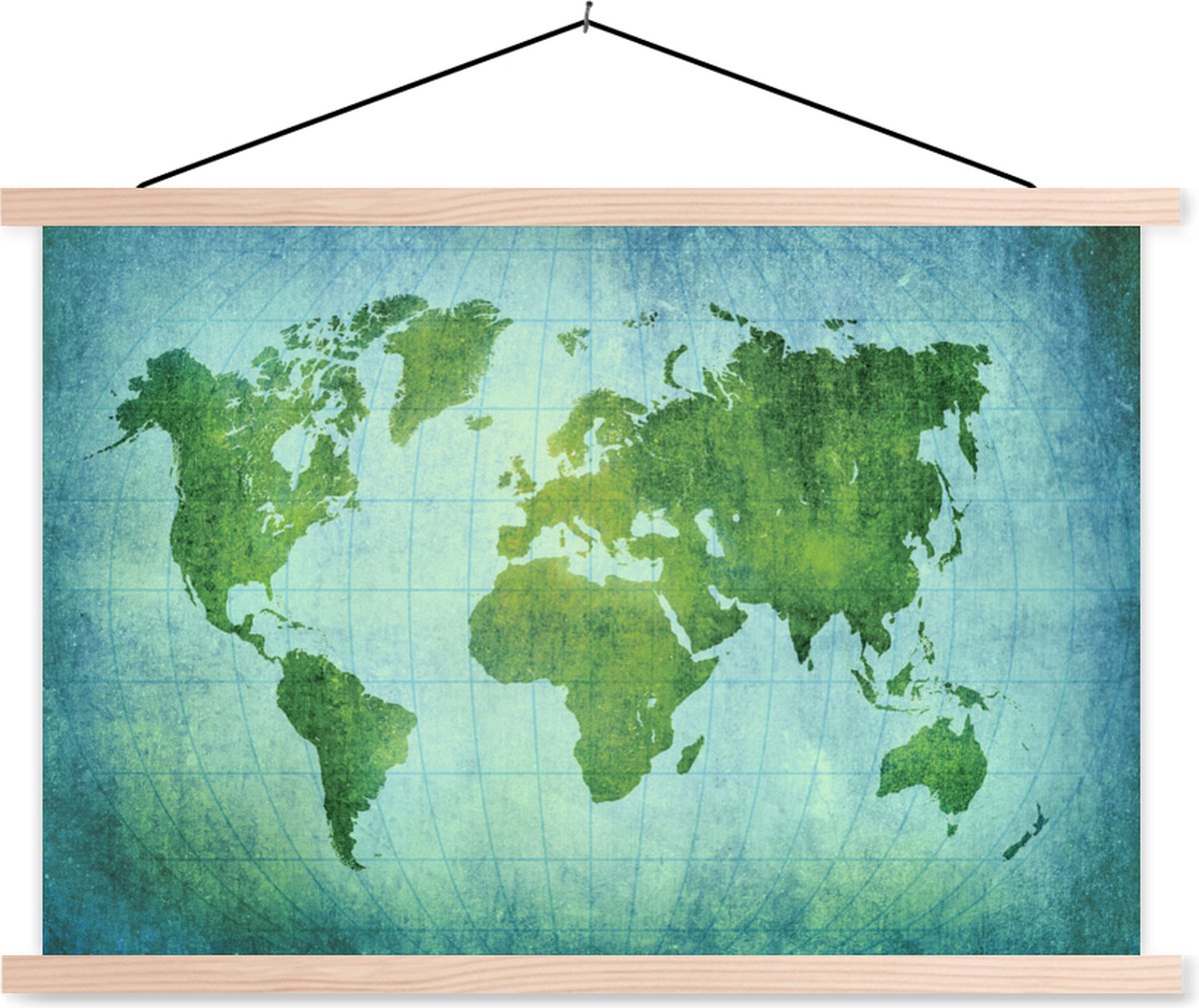 Wereldkaart perkament blauw groen schoolplaat platte latten blank 120x80 cm - Foto print op textielposter (wanddecoratie woonkamer/slaapkamer)