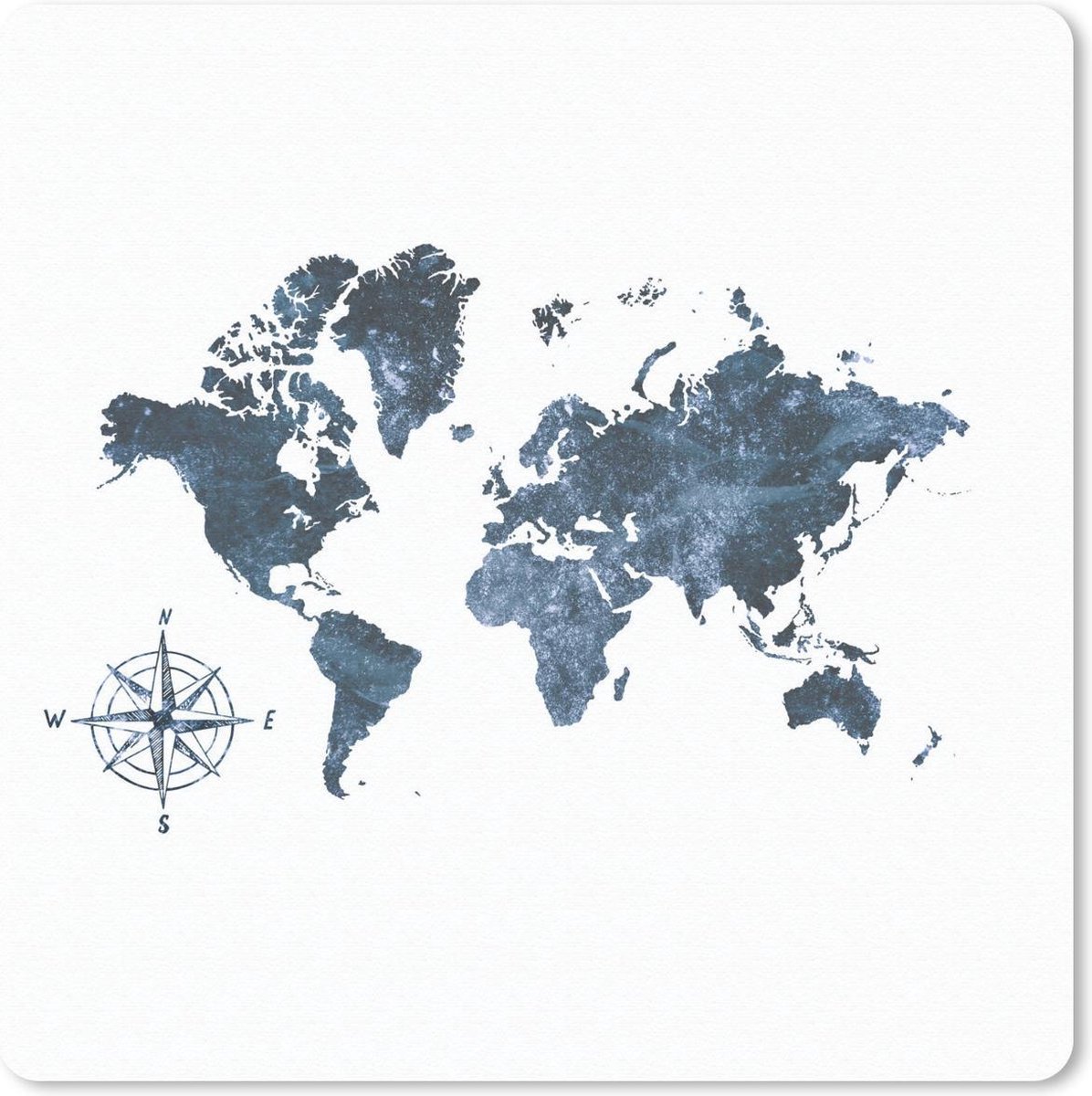 Muismat 20x20 cm - Mousepad Wereldkaart - Blauw - Kompas - Muismatten