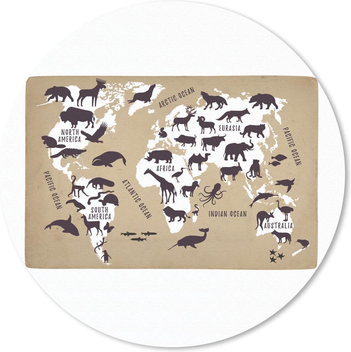 Muismat rond 30x30 cm - Mousepad Wereldkaart Kinderen - Wit - Dieren - Ronde muismatten
