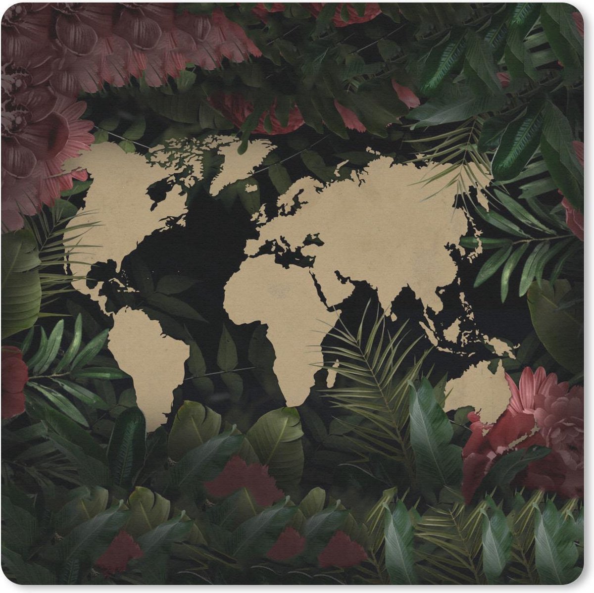 Muismat 20x20 cm - Mousepad Wereldkaart - Planten - Bloemen - Muismatten