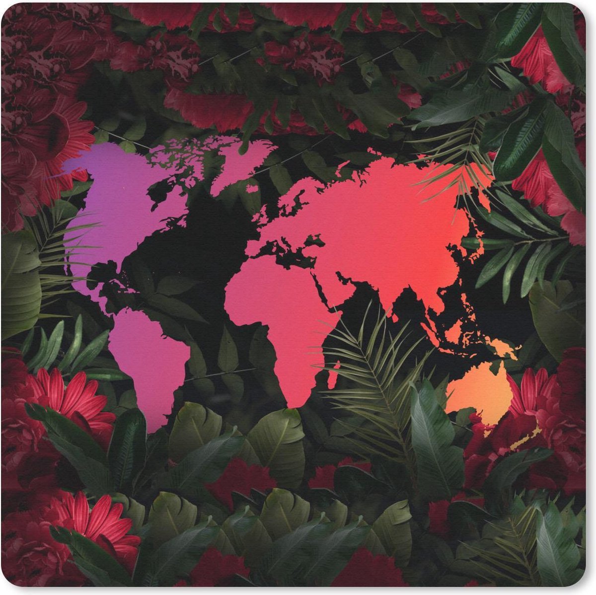 Muismat 20x20 cm - Mousepad Wereldkaart - Kleuren - Bloemen - Muismatten