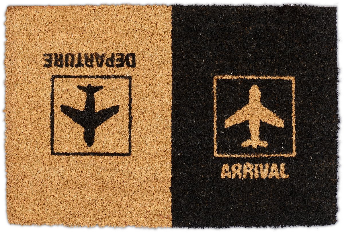 deurmat arrival departure - met vliegtuig print - 40 x 60 cm - kokos - antislip
