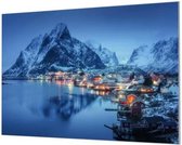 Wandpaneel Noors dorp in de winter  | 150 x 100  CM | Zwart frame | Wandgeschroefd (19 mm)