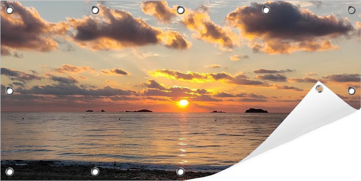 Tuinposter Ibiza 100 x 50 cm incl. Metalen ringen - (Buitenposter - Tuindoek - Buitencanvas - Schilderijen voor buiten - tuin decoratie)