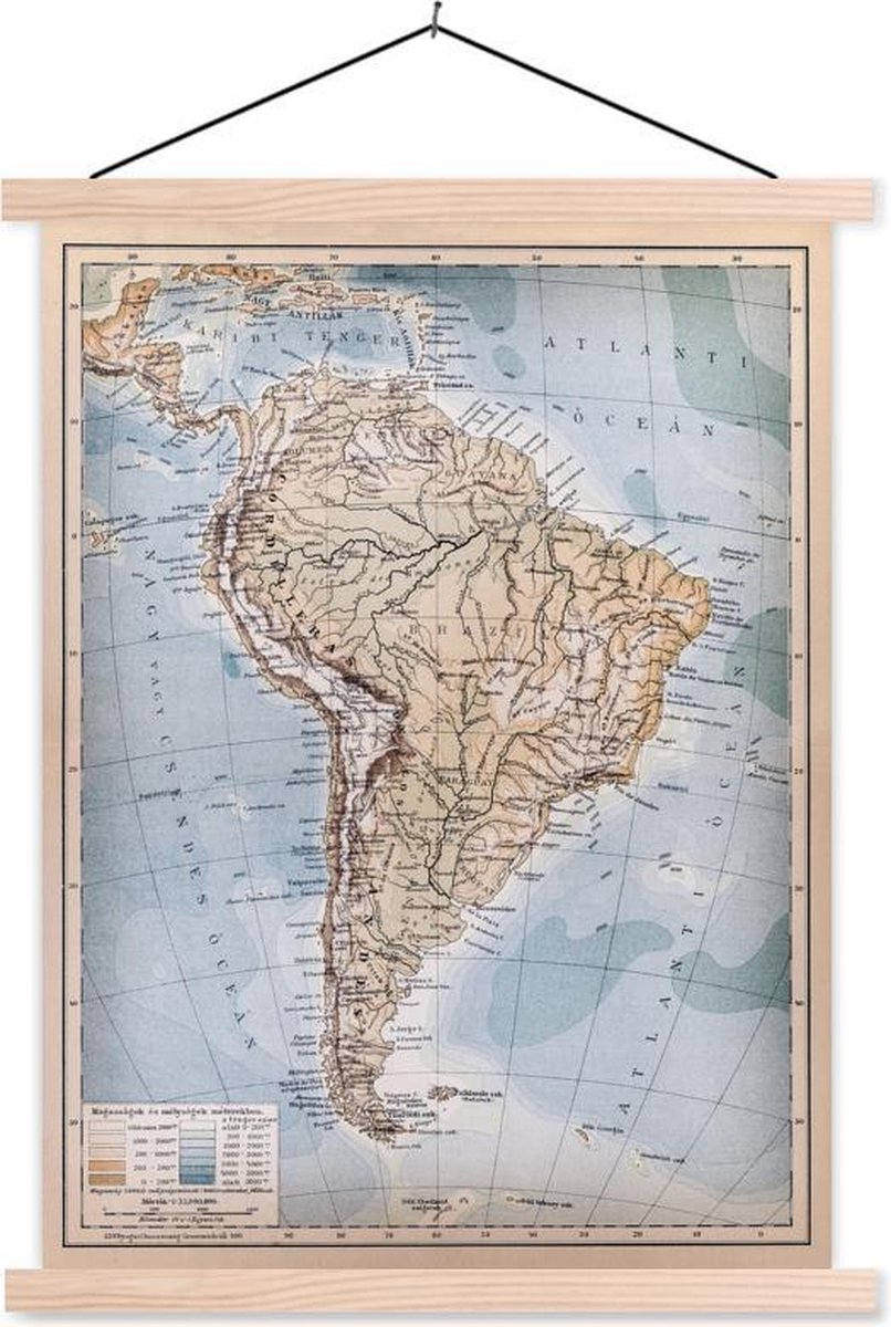 Posterhanger incl. Poster 40x53 cm - Schoolplaat - Klassieke wereldkaart Zuid-Amerika - Textielposter - Blanke latten