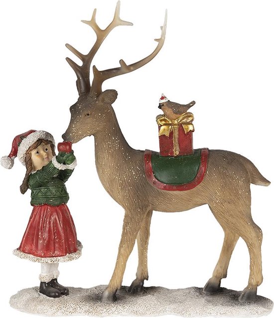 Clayre & Eef Beeld  Kind 19*7*21 cm Bruin groen Kunststof Kerstdecoratie beeld decoratie  Decoratieve Accessoires