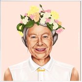 JUNIQE - Poster met kunststof lijst Queen Elizabeth -50x50 /Geel & Wit