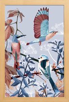 JUNIQE - Poster in houten lijst Birds Of Winter -30x45 /Blauw & Bruin