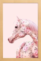 JUNIQE - Poster met houten lijst Floral Horse -13x18 /Roze