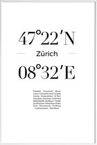 JUNIQE - Poster met kunststof lijst Coördinaten Zürich -13x18 /Wit &