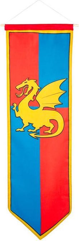 Een ridderbanier met een gele draak op een rood-blauwe achtergrond, verdeeld in vierkanten.