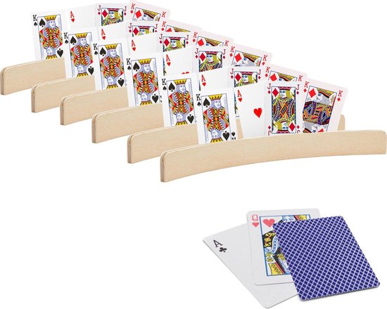 Afbeelding van het spel 6x stuks Speelkaarthouders - inclusief 54 speelkaarten blauw geruit - hout - 35 cm - kaarthouders