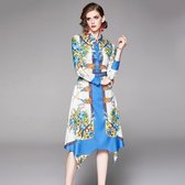 Elegante onregelmatige bedrukte lange mouwen en contrasterende jurk (kleur: blauw maat: M)-Blauw