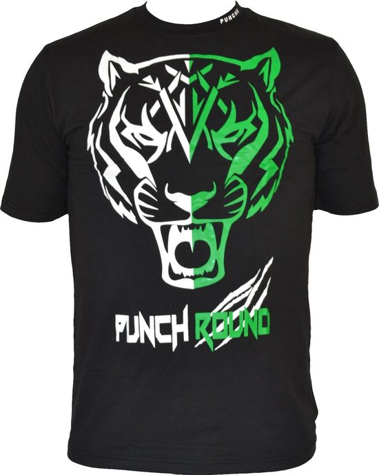 Zwarte t-shirt met een verdeelde groene en witte tijgerkop, met 'PUNCH ROUND' tekst.