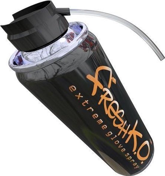 Zwarte spuitbus met oranje "Freshk.o. extreme glove spray" tekst, witte dop en doorzichtige spuitmond.