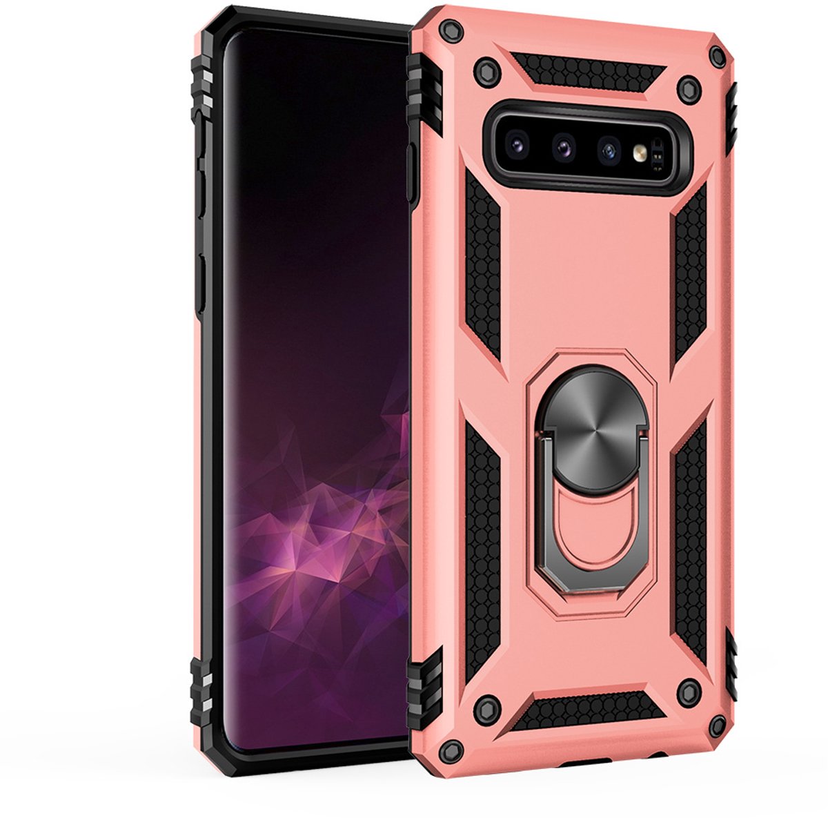 Hoesje Geschikt Voor Samsung Galaxy S10+ Armor Hoesje Ringhouder TPU - Rose goud
