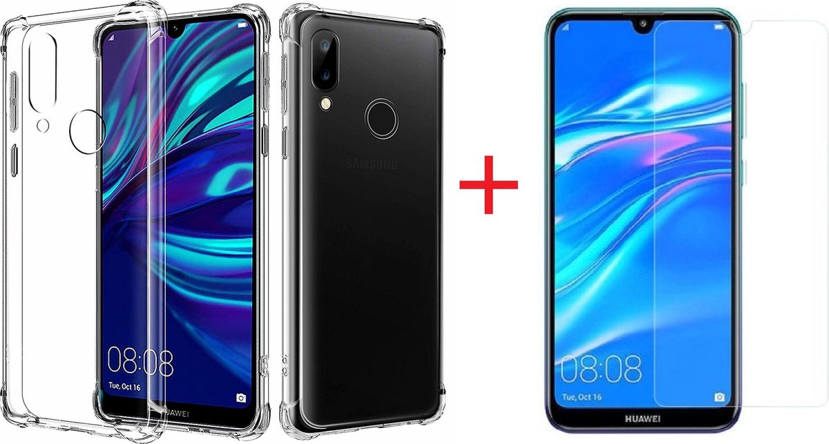 Hoesje Geschikt voor Huawei Y7 (2019) Transparant Anti Shock Back hoesje + Screenprotector glas