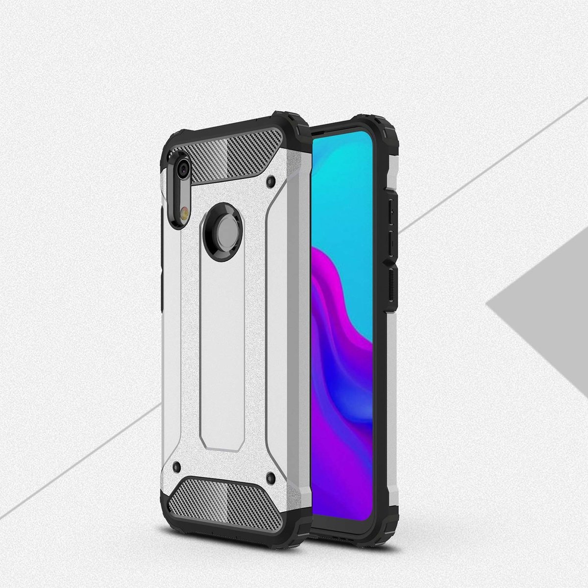 Ntech Hoesje Geschikt voor Huawei Y6 (2019) Dual layer Armor Hoesje - Zilver