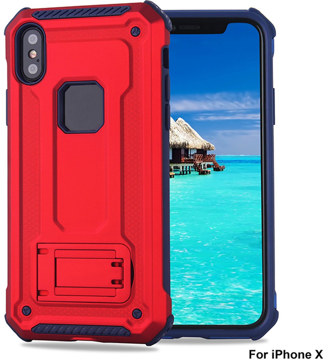 Ntech hoesje Geschikt voor iPhone X / Xs - Armor hoesje met Kickstand - Rood