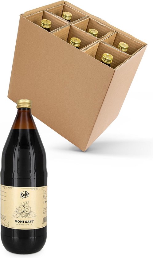 Een fles noni sap voor een open kartonnen doos met zes flessen.