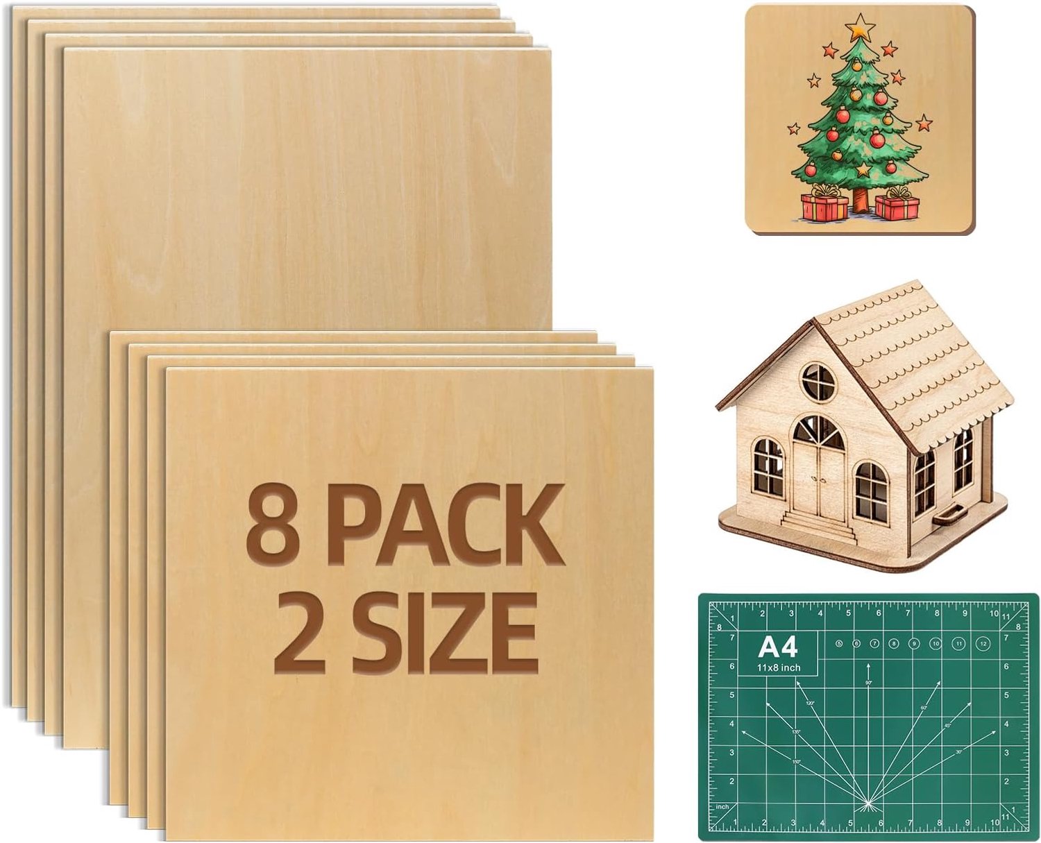 Pack of 8 wooden panels for crafting, 300 x 200 x 2 mm, plywood board, 2 mm, balsa wood panels, 200 x 200 x 2 mm - ShopVlot