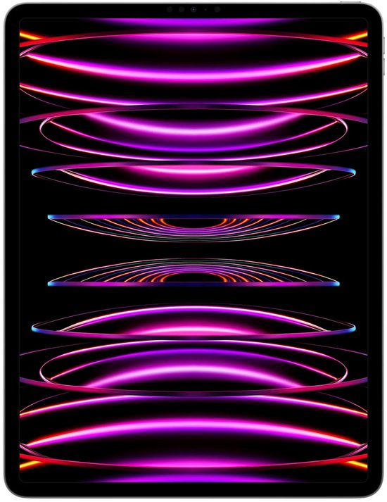 Vooraanzicht van de iPad Pro in spacegrijs met abstracte, lichtgevende cirkels op het display.