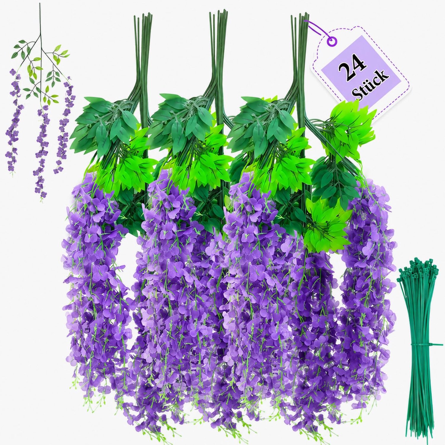 Kunstmatige blauweregen bloemen 24 stuks - 1 m lang - weerbestendig plastic - perfect voor buiten - Luxento