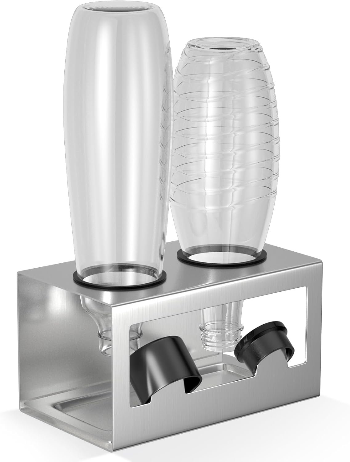 SnelShoppen - Bottle Holder voor SodaStream en Emil Flessen, RVS Fleshouder met Siliconen Beschermringen, Drip Pan en Dekselhouders voor 2 Flessen, Ke