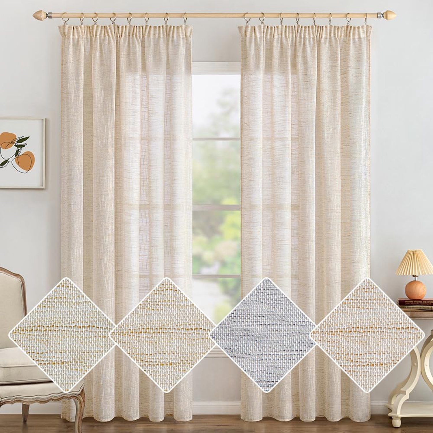SnelShoppen - Linnen Gordijnen met Rimpelband, Set van 2, Witte Voile, 140x175 cm voor Woonkamer en Slaapkamer, Modern Raamsysteem