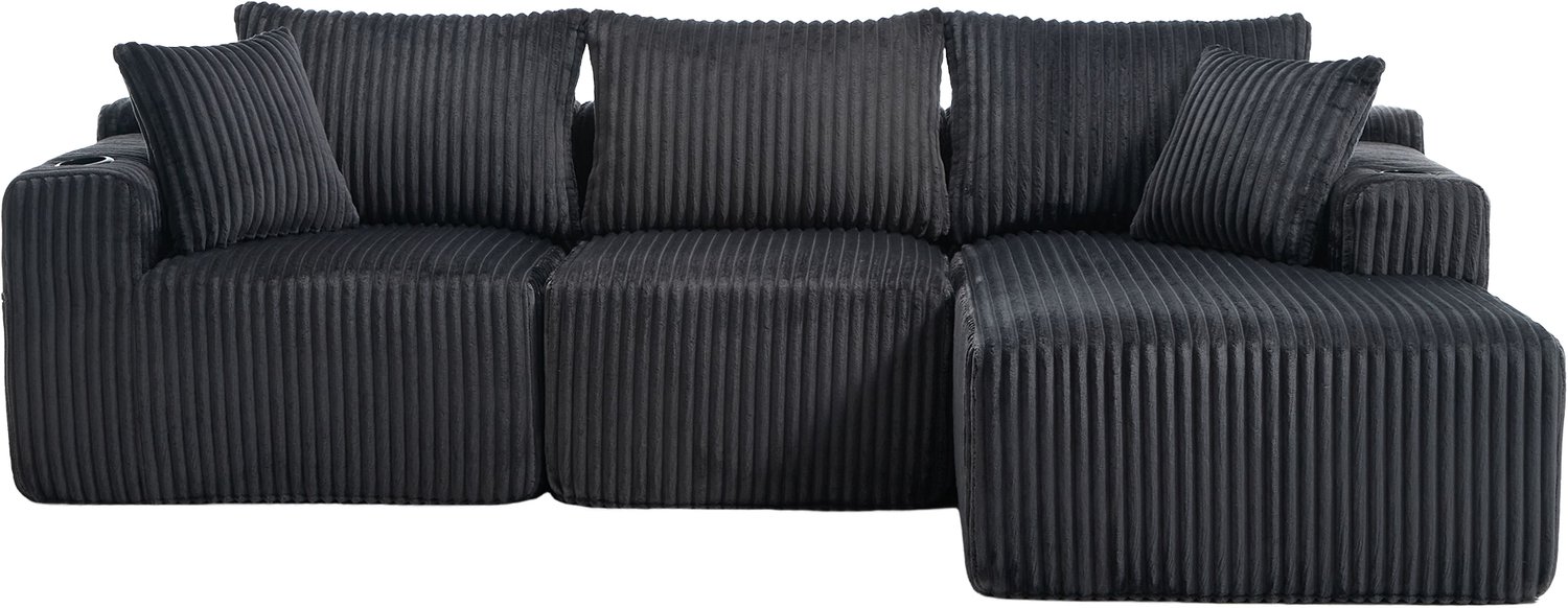 SONNENH Modulaire hoekbank met chaiselongue - Ribstof - Bekerhouders - 257 cm - Grijs