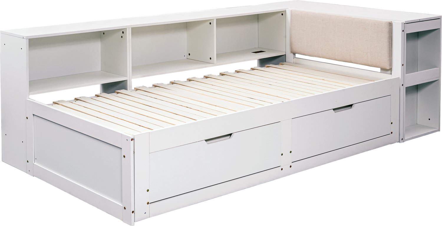 MUVANO L-vormig bed met bureau - Dagbed met lades en open vakken - Massief hout en MDF - Bedmaat 180 x 200 cm - Voor logeerkamer en thuiswerkplek - Matwit