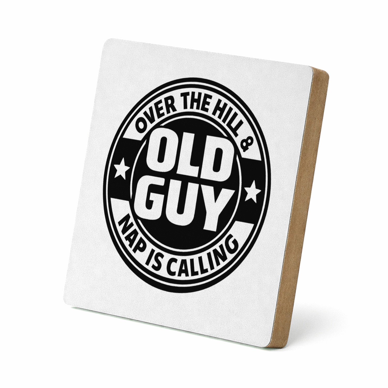 Mr Cadeautjes MDF staande fotolijst 15,2 x 15,2 - design Retro embleem met stoere levensfase-grap | cadeau Wit