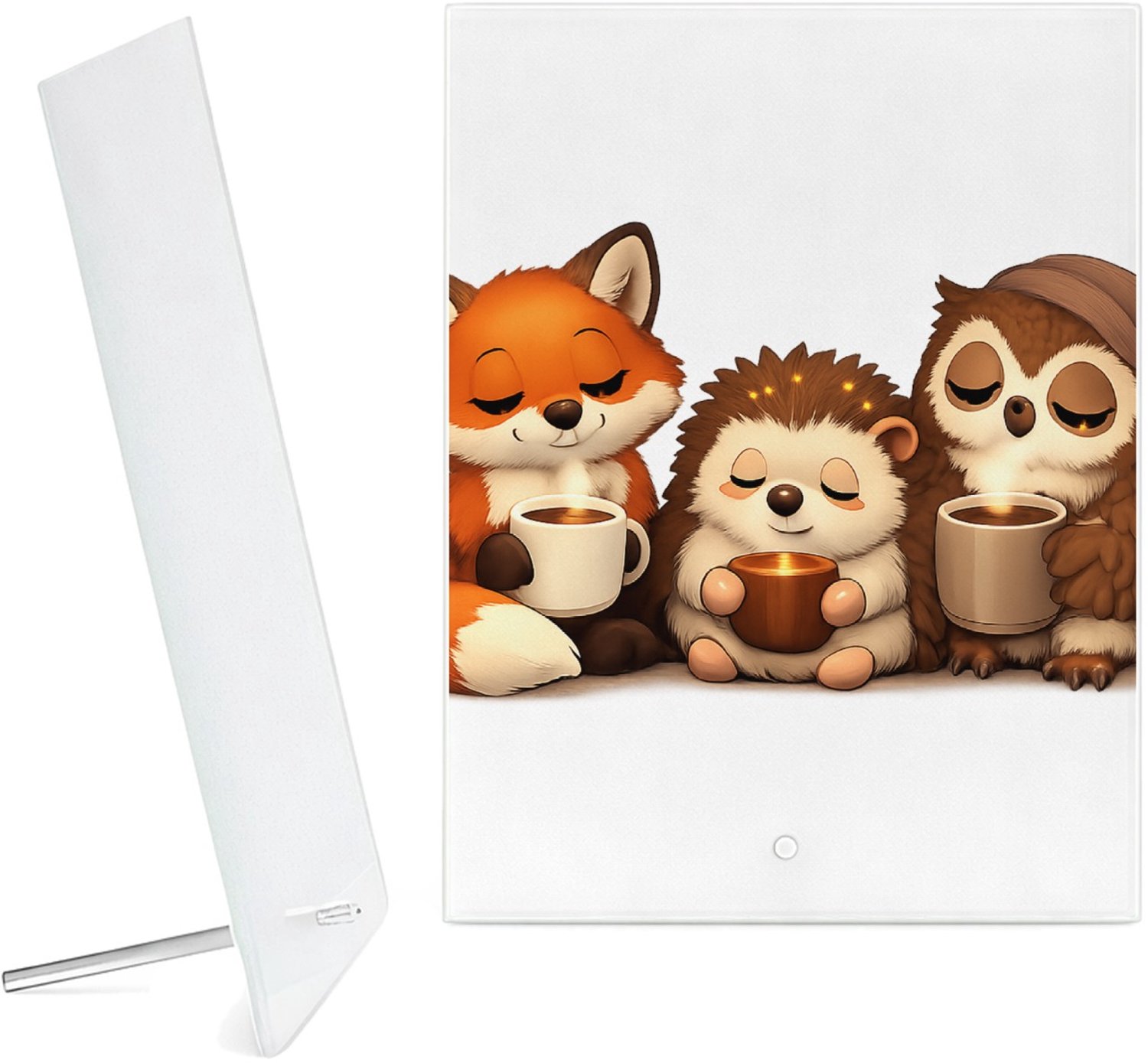 Mr Cadeautjes Glazen fotopaneel Een warme reeks van slaperige bosdieren met een ochtenddrank - 15 x 20 cm, staand - glas, decoratie, wanddecoratie | cadeau Wit