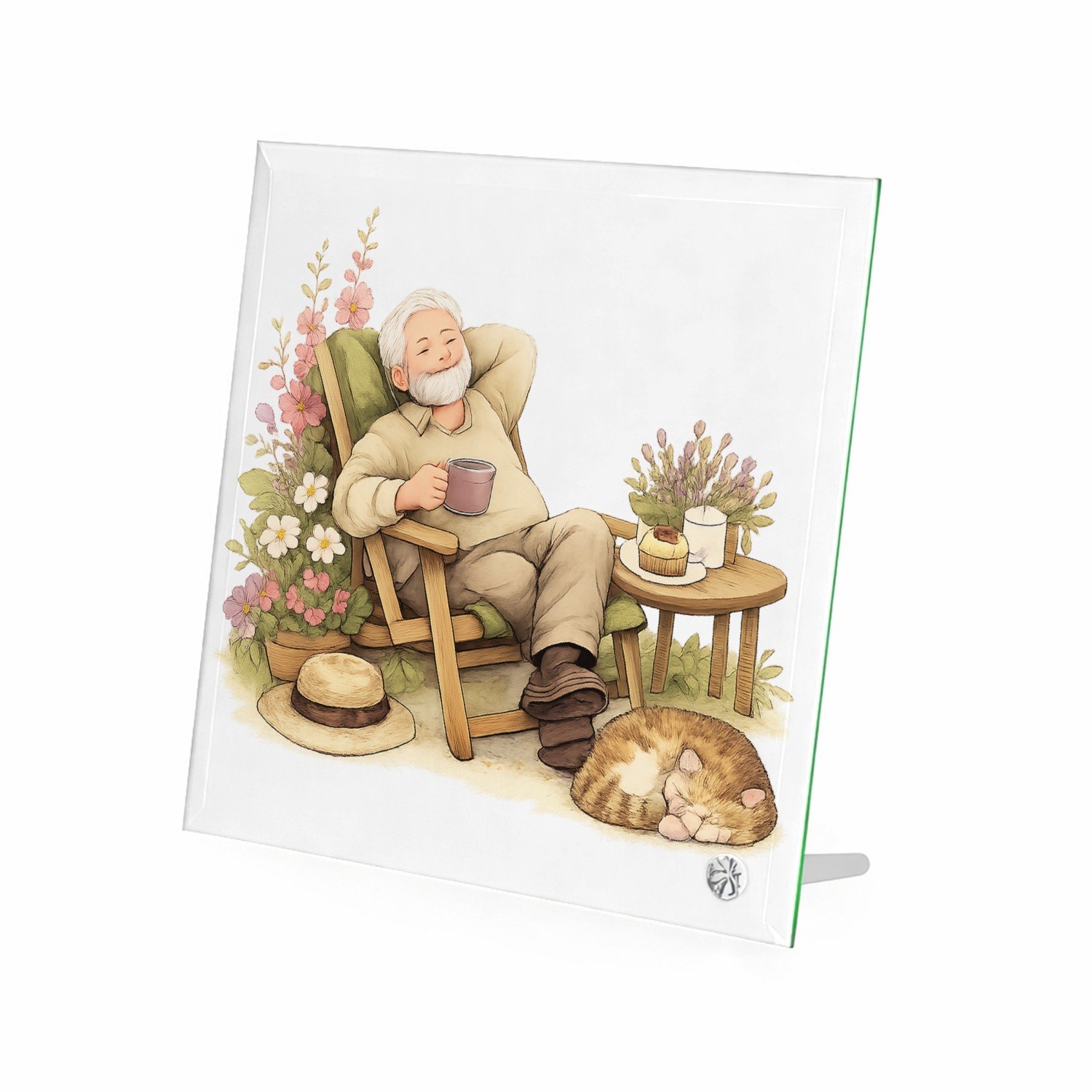 Mr Cadeautjes Glasframe 20 x 20 - design Een vrolijke overgangsillustratie rond vrijetijd en rust, me | cadeau Wit