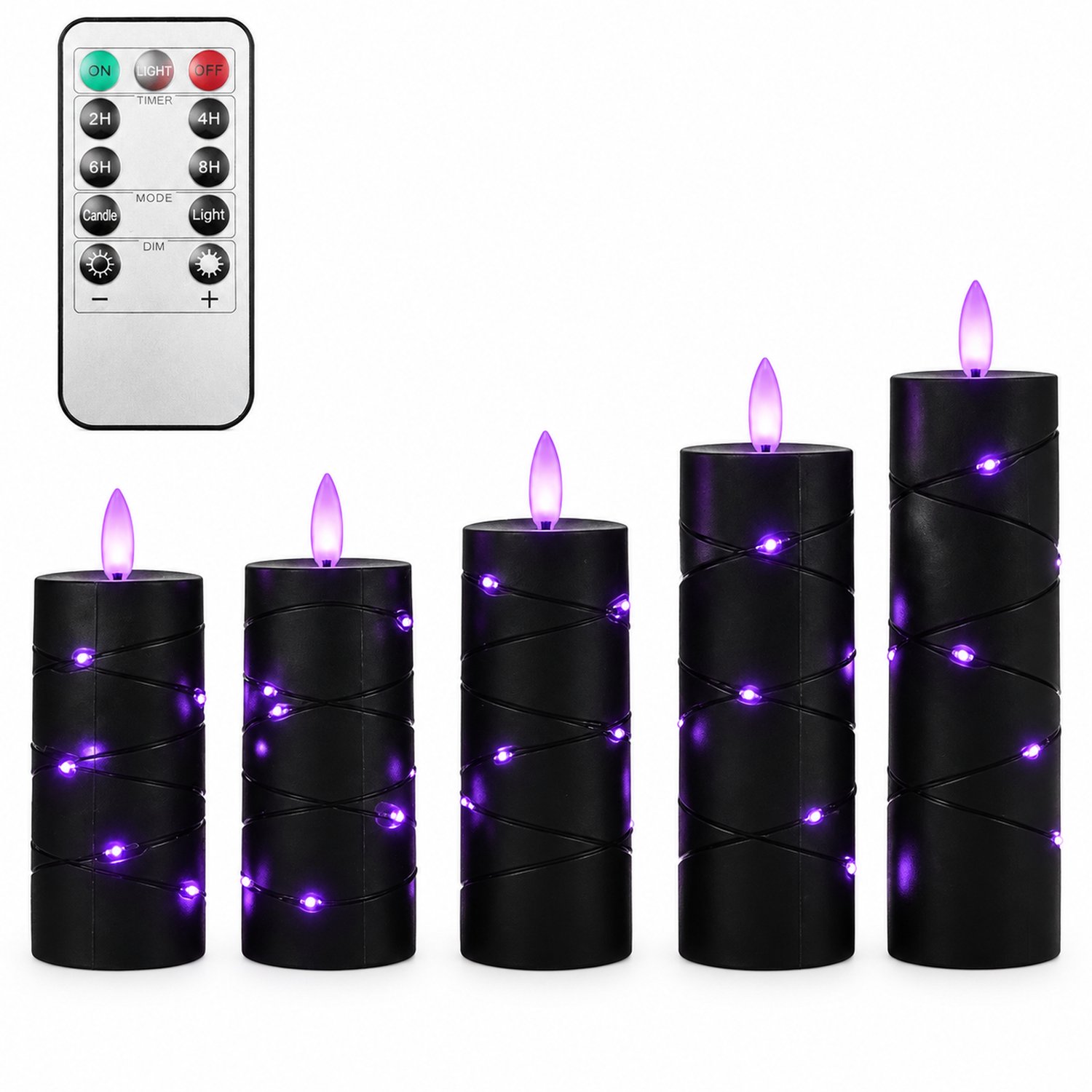 SWGOTA led kaarsen, 5 stuks per doos, zwart met paars licht en een decoratief lichtsnoer, inclusief afstandsbediening en knoopcel