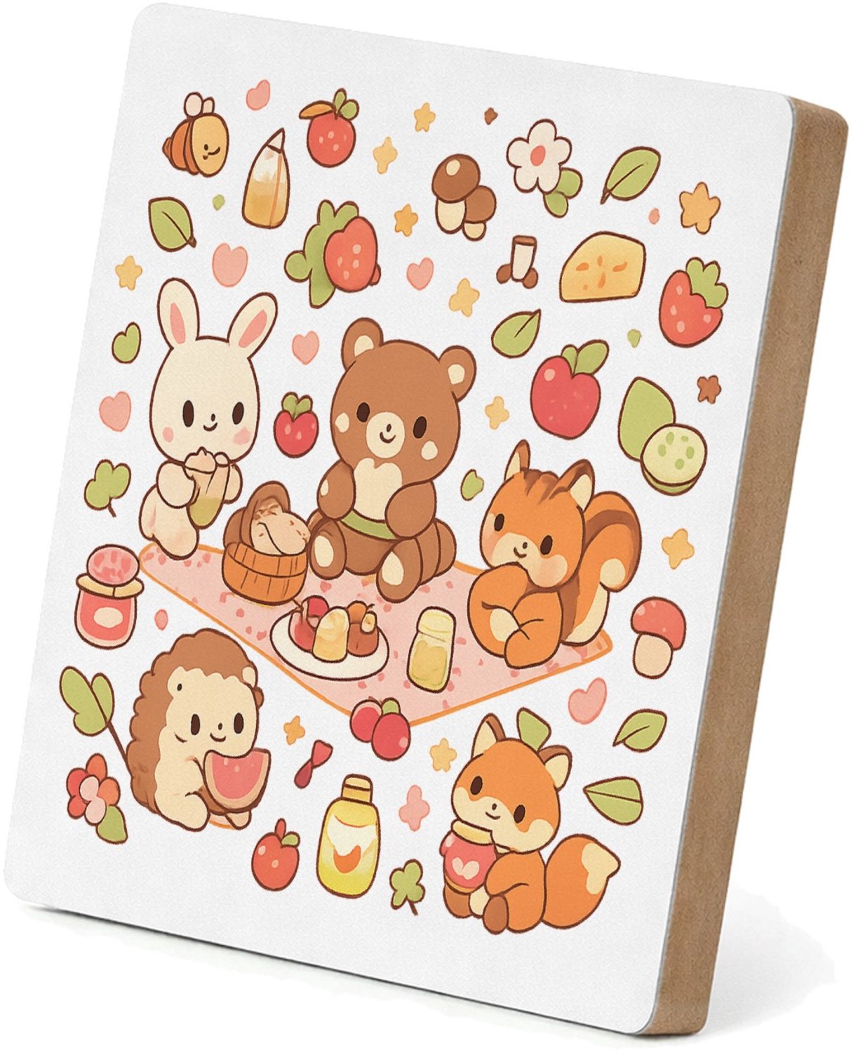 Mr Cadeautjes MDF staande fotolijst 15,2 x 15,2 - design Een vrolijke set kleine bosdieren die samen picknicken tusse | cadeau Wit