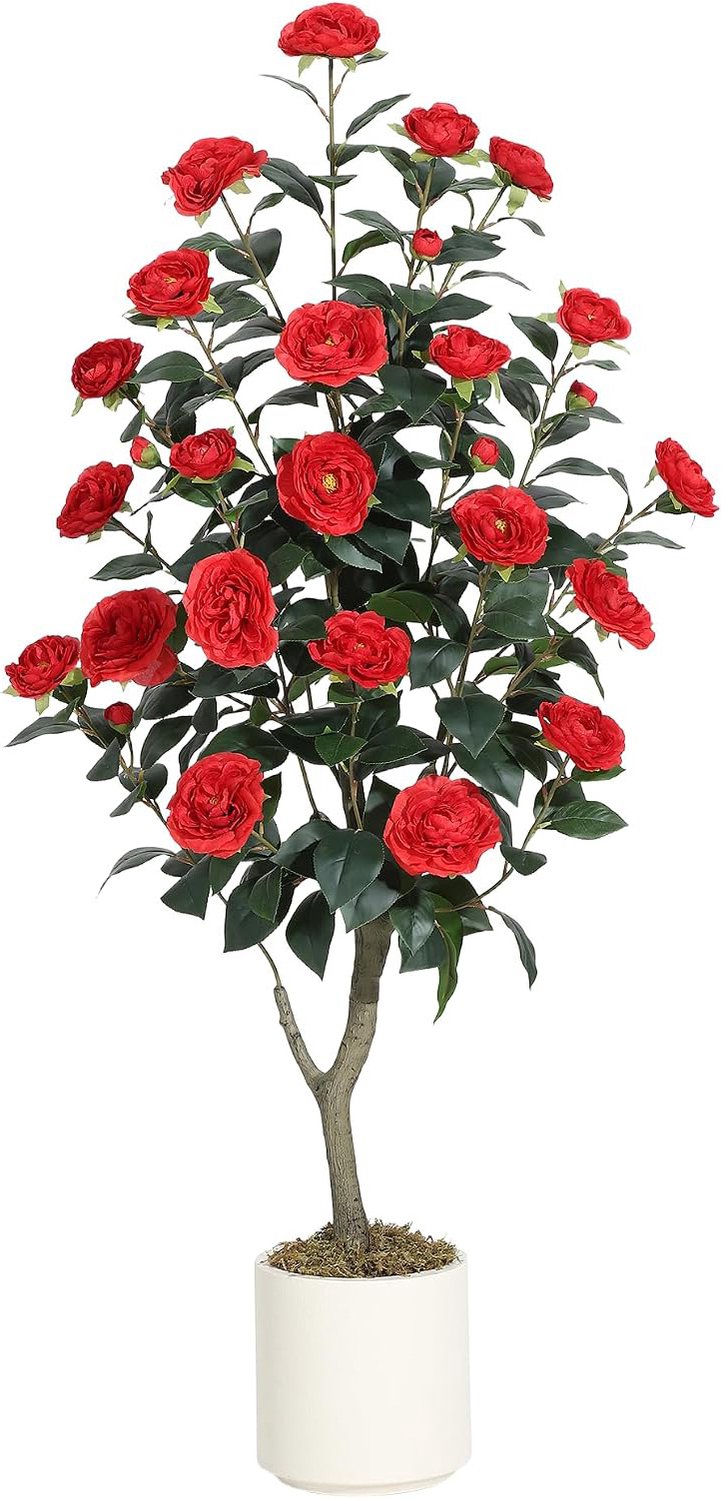 Triumpunpre Kunstcamelia 120 cm Rood, Bloeiende Kunstplant op Stam voor Woonkamer en Kantoor