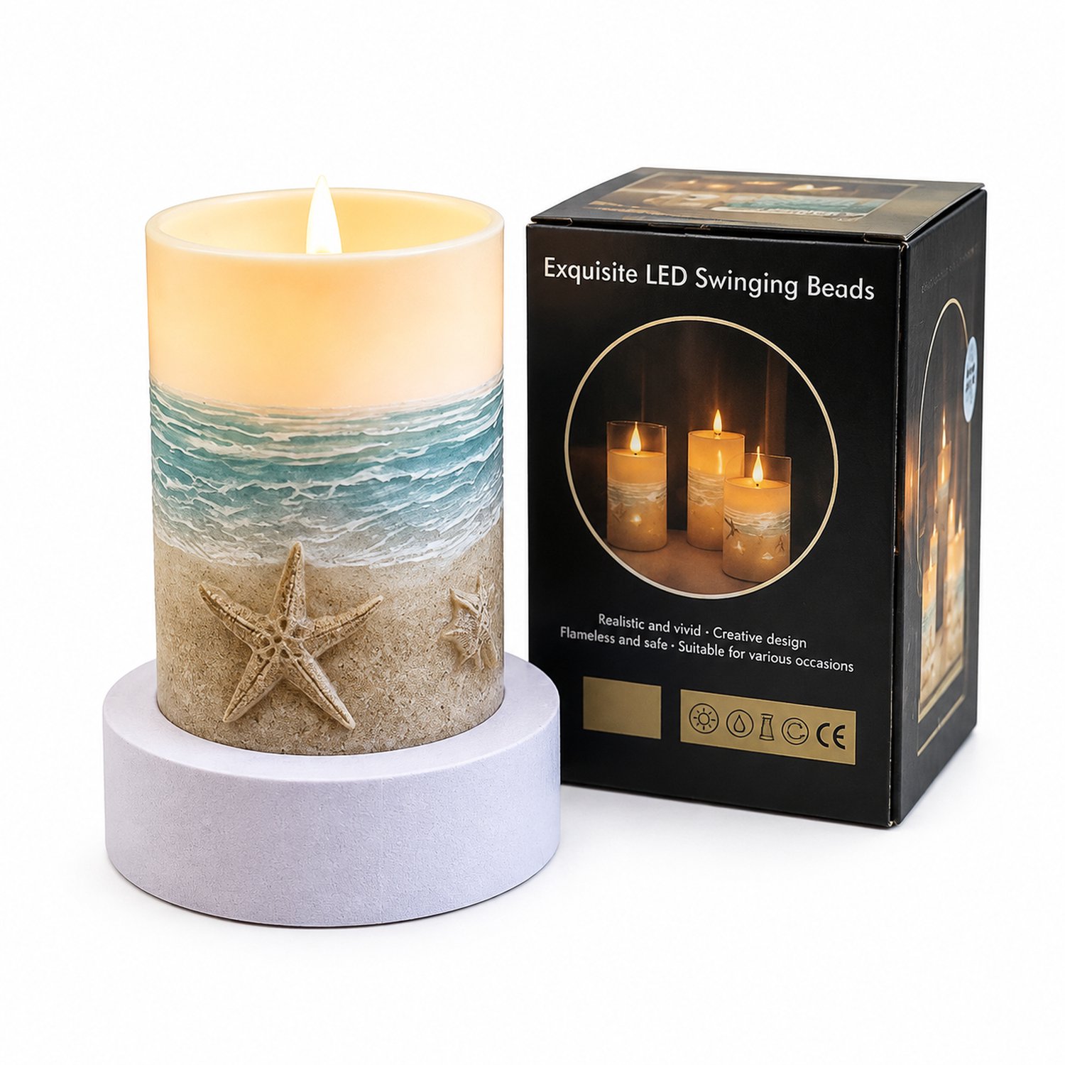 SWGOTA led kaarsen: 1 kaars met zeester- en golfdecor, 7,5 × 10 cm, warm licht, op batterijen, zonder batterijen Beige