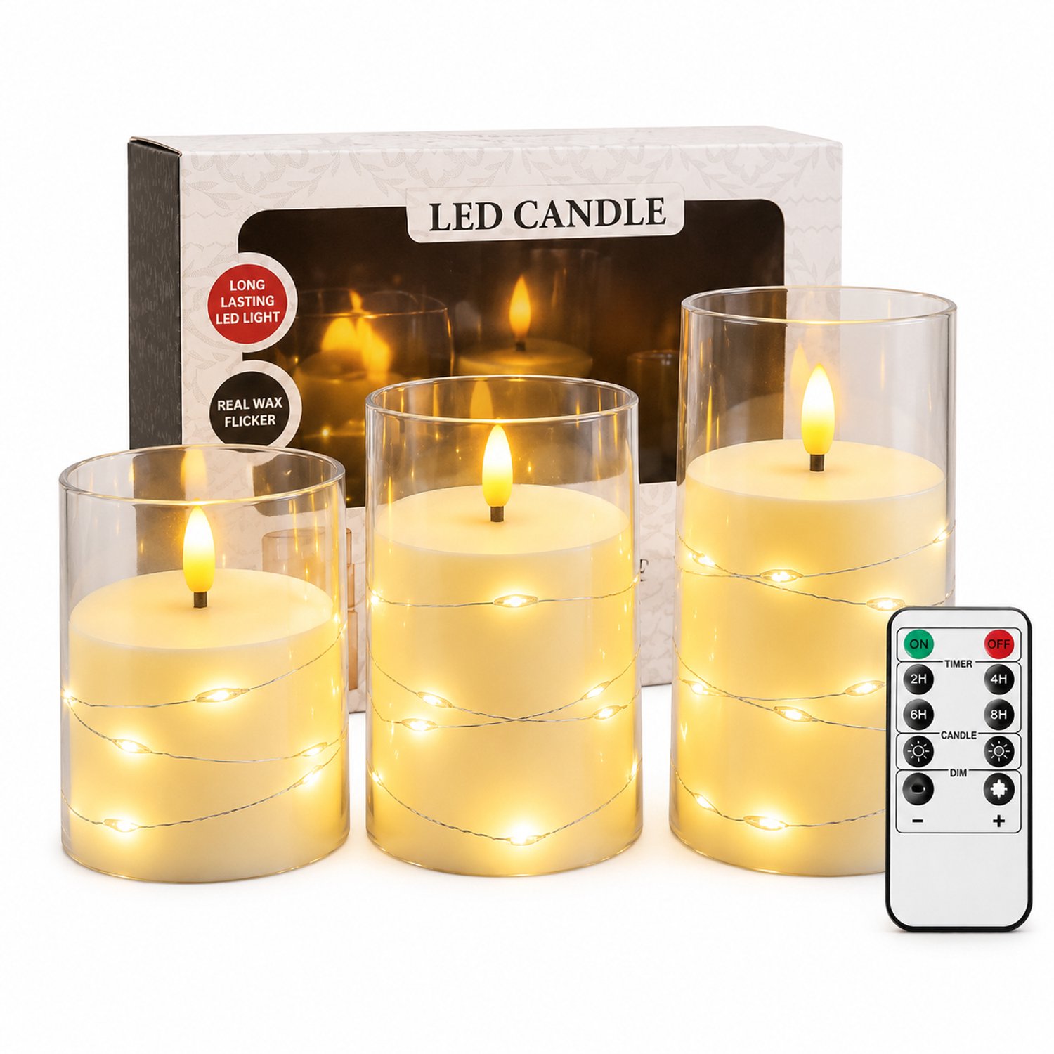 SWGOTA led kaarsen, set van 3 met lichtsnoer, transparante houders met vlakke rand, warm licht en afstandsbediening, op batterijen, in doos Ivoor