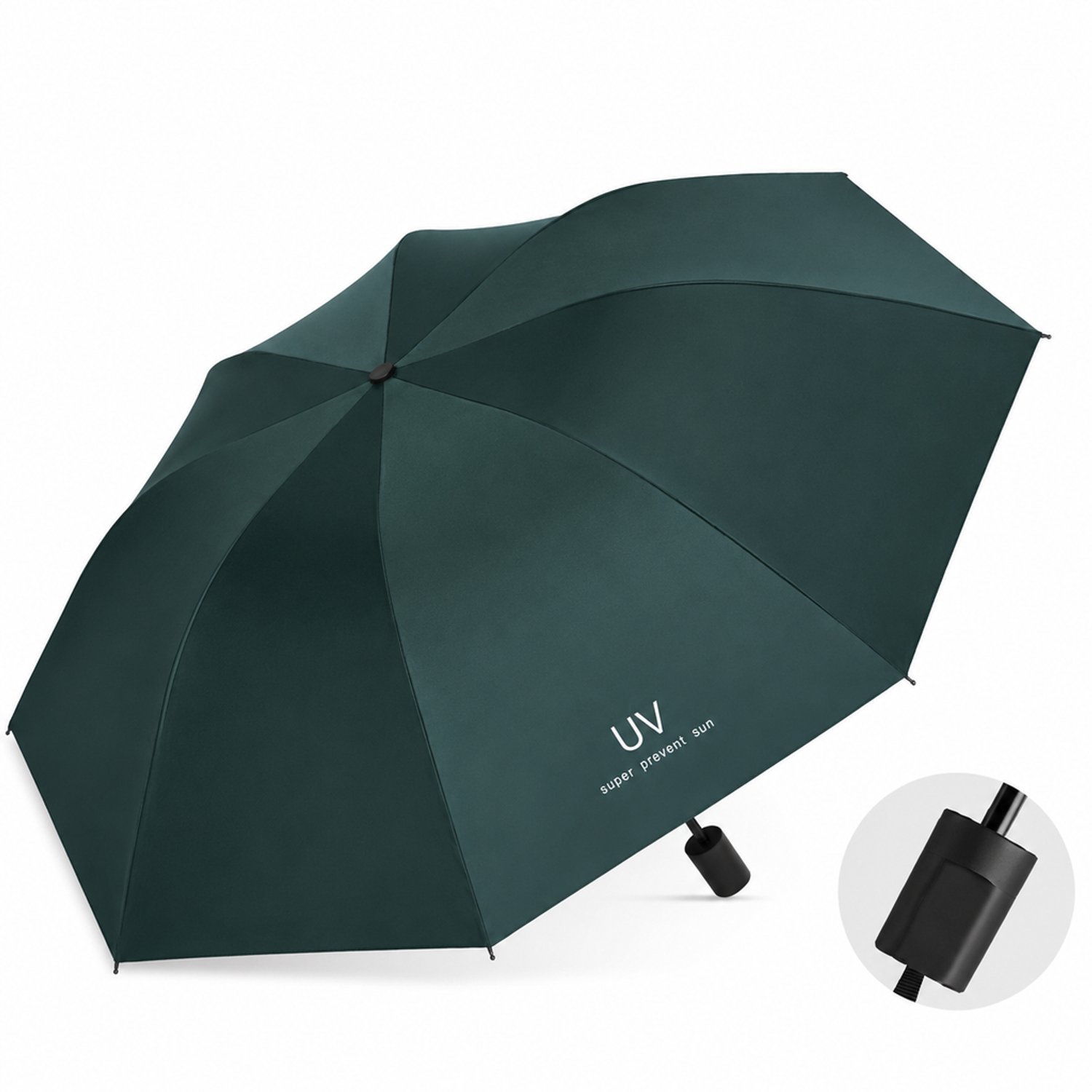 Donkergroene opvouwbare paraplu voor zon en regen - handmatig, 8 baleinen, diameter ca. 97 cm, met hoes