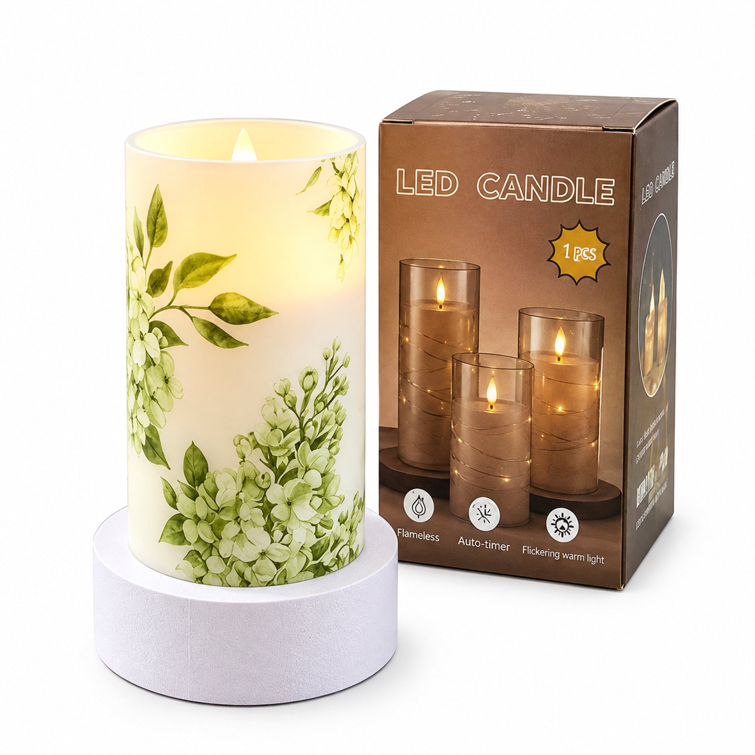 SWGOTA led kaarsen met bewegende vlam - landelijke bloemenprint, kunststof, 7,5 x 15 cm, warm licht, zonder batterijen, in doos Wit