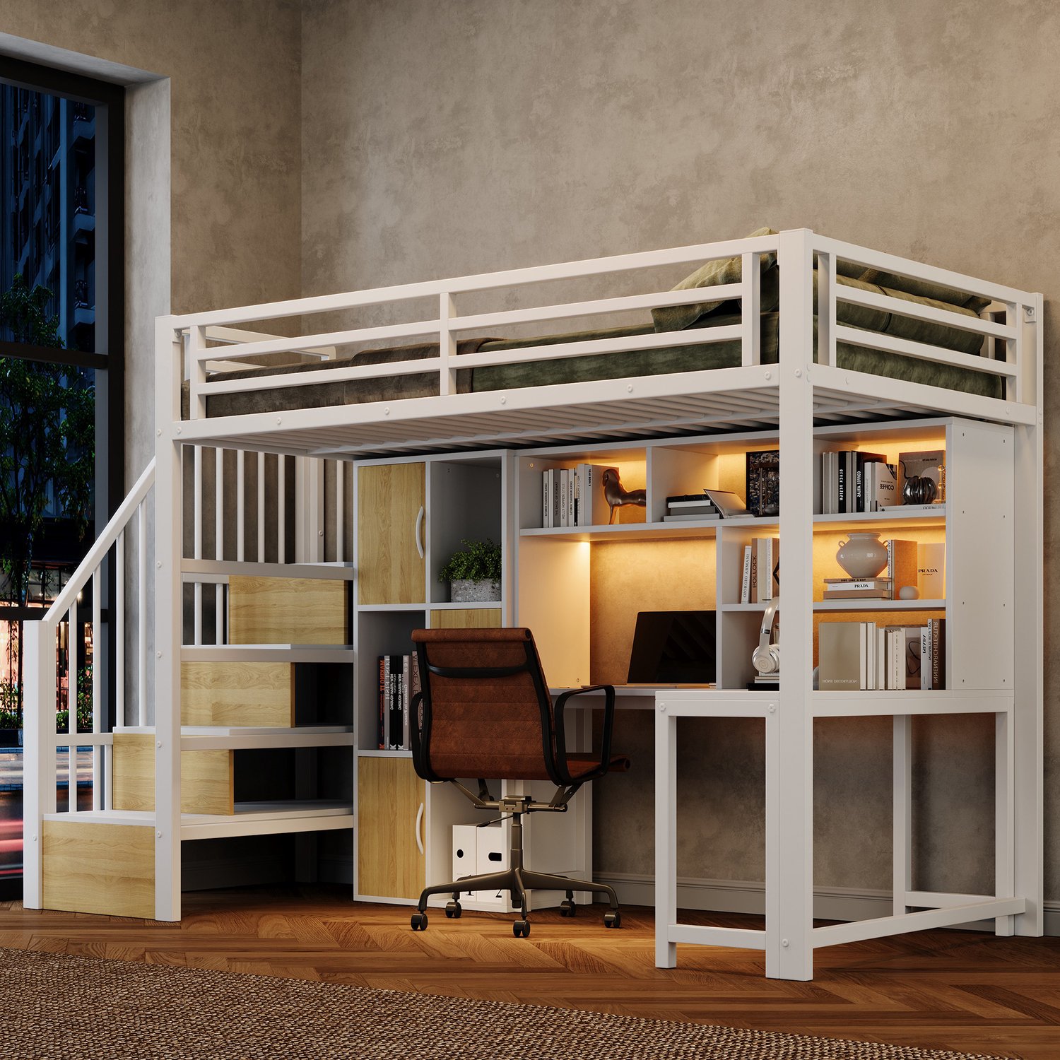 Zubaliya Hoogslaper 90 x 200 cm, Metalen bedframe, Ladekast, Opbergvak, LED-lichtbalk, Zonder Matras, Wit"""