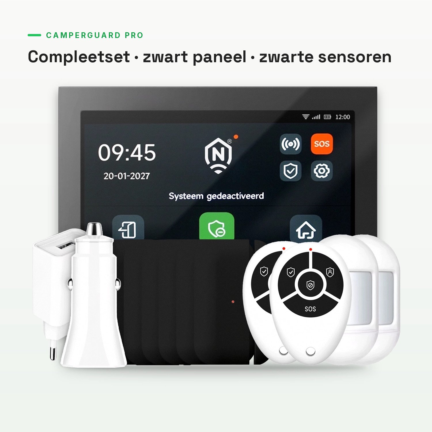 CamperGuard® Pro Alarmsysteem – Compleetset – Zwart paneel – Zwarte accessoires – Camper/Caravan – Draadloos & Uitbreidbaar – Simkaart, SMS & Oproepmelding – Zonder Abonnement
